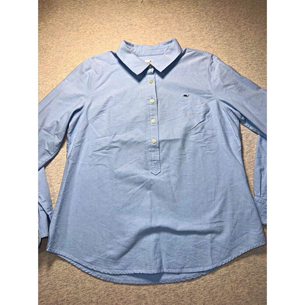 Vineyard Vines Women Blue Cotton Collared Button-Up Blouse Whale Embroider Sz 12